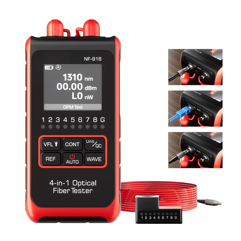 [Australia - AusPower] - Optical Power Meter Fiber Optic Cable Tester 4 in 1 Optical Fiber Light Power Meter, Portable Built-in 10mW Visual Fault Locator (OPM&VFL) Network Cable Tester, FC/SC/ST Universal Interface USB Charge NF-916 