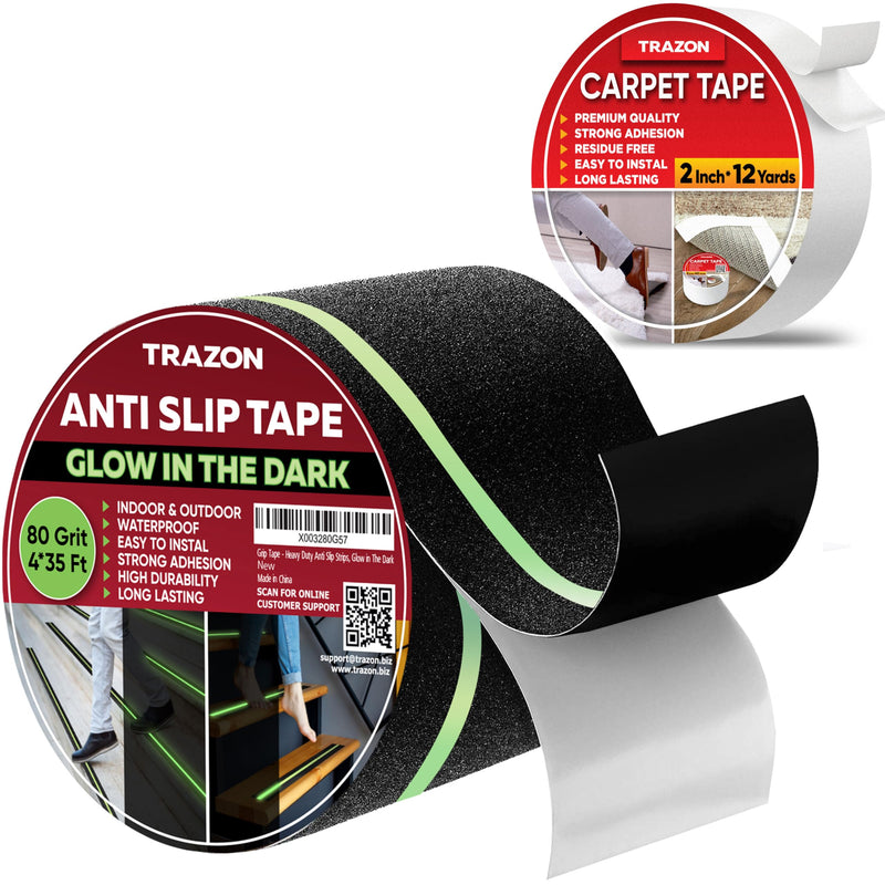 Grip Tape - Heavy Duty Anti Slip Tape for Stairs Outdoor/Indoor Black with Glow in The Dark Strips & Carpet Tape Double Sided - Rug Tape Grippers for Hardwood Floors and Area Rugs