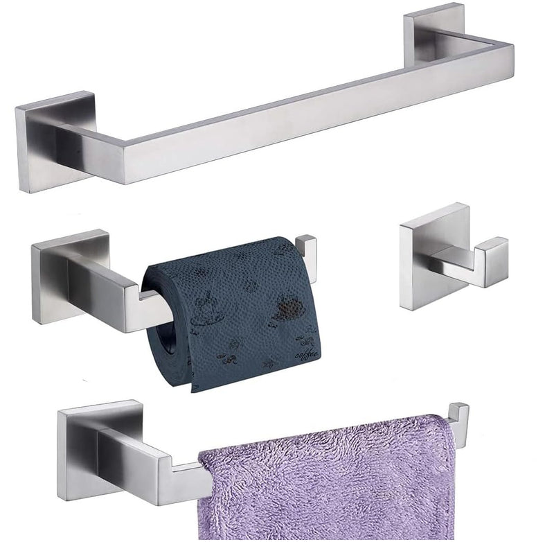 Bathroom Hardware Set 4 Piece Brushed Nickel Bathroom Accessories Set SUS304 Towel Bar Set Includes Towel Bar 16 Inch+Towel Holder+Toilet Paper Holder+Towel Hooks (4, Brushed Nickel, 16 Inch)