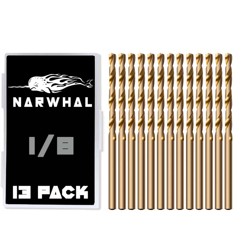 [Australia - AusPower] - Narwhal 1/8 Inch Cobalt Drill Bits (13 Pack - Industrial Grade M35 Cobalt) 2-3/4" Length & 135 Degree Split Point for Drilling Into Metal, Hardened & Stainless Steel, Cast Iron, & More! 1/8 in 