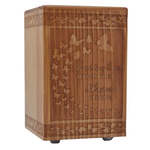 Handmade Wooden Cremation Urn for Ashes with Butterfly Engraving 24 Cubic Inch Pet Human Urns Funeral Memorial Keepsake Casket Box for Adults, Children, Pets (Cats, Dogs) Small