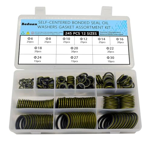 Beduan bonded sealing washers M6-M30, NBR rubber pipe seal gasket assortment kit with metal rings, 245 pieces