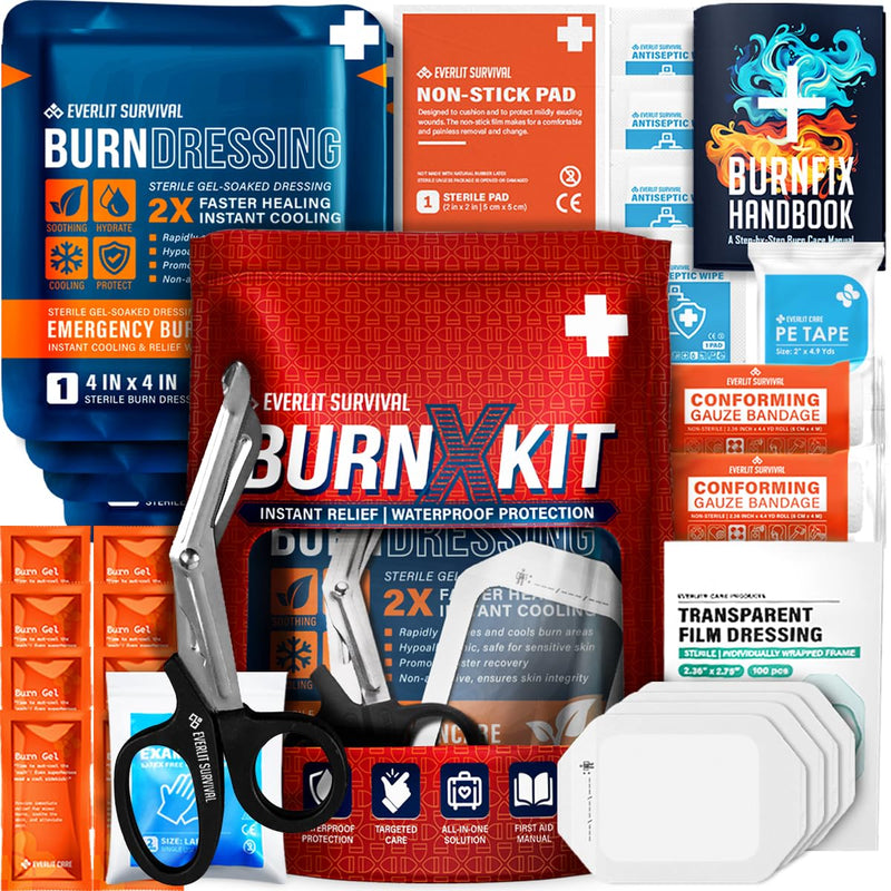 [Australia - AusPower] - EVERLIT Burn Kit with Sterile Waterproof Wound Dressing | Hydrogel-Foam Burn Dressings, Burn Gel, Non-Stick Pads, Gauze & Shears | 30pcs First Aid Supplies for Instant Cooling, Soothing & Relief 