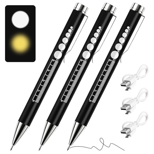 3PC Medical Diagnostic Light, Pupil Light, Rechargeable LED Pupil Light with USB Cable, Medical Pupil Light with Pupil Meter & Ruler & Writeable Lead
