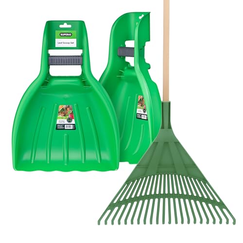 Superio green leaf collector and adult rake set with leaf scoops for gardening and lawn cleanup