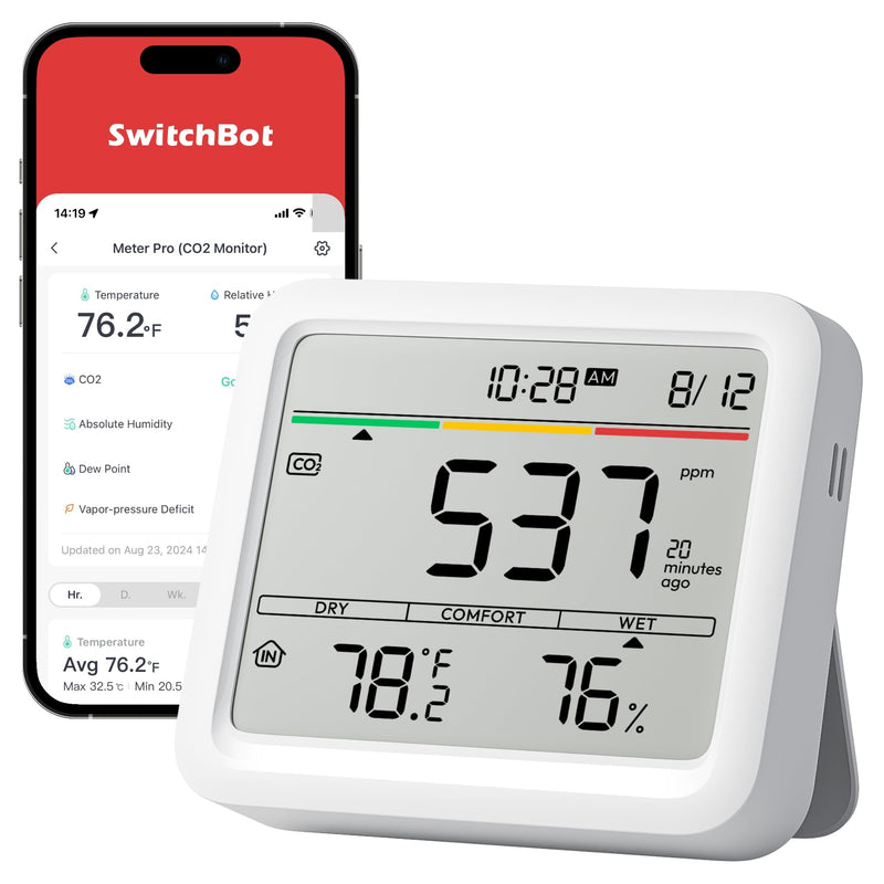 SwitchBot CO2 Detector, Air Quality Monitor Indoor, CO2 Monitor for CO2/TEMP/Humidity, Portable Carbon Dioxide Detector for Home/Car/Office/Greenhouse Meter Pro CO2
