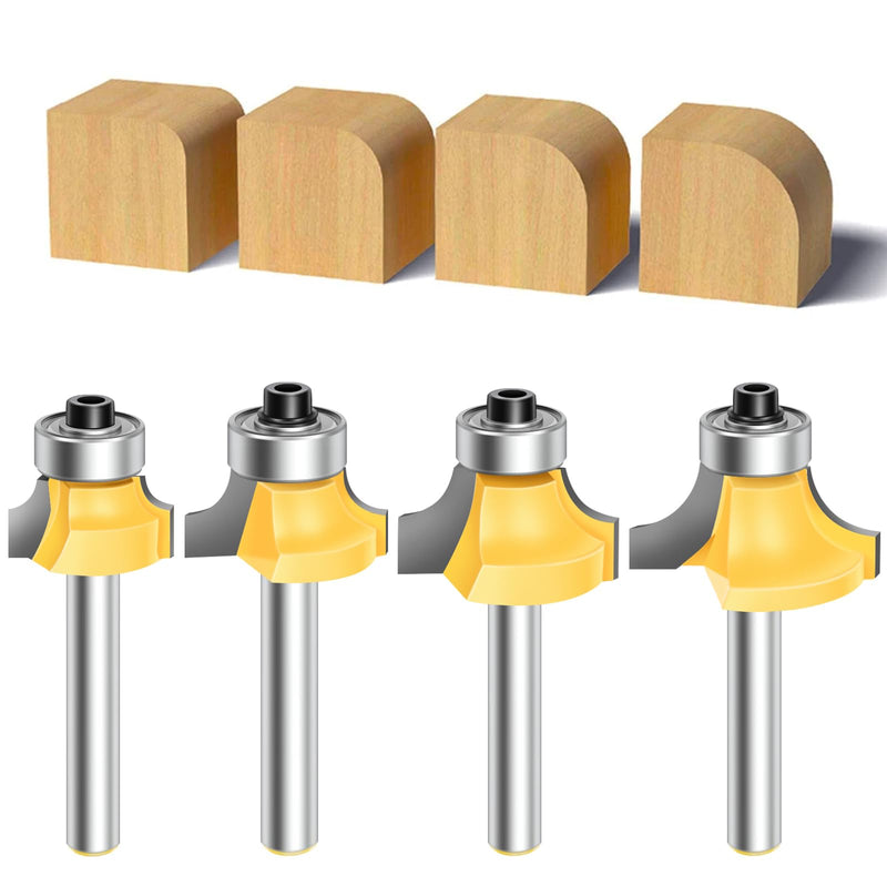[Australia - AusPower] - 4PCS Router Bit Set Feanron Router Bits 1/4 inch Shank, Roundover Router Bit Cutting Diameter in 1/8", 1/4", 3/16", 5/16", CNC Router Bits Edging Cutter for Woodworking Forming Molding Profiling Chrome Yellow 