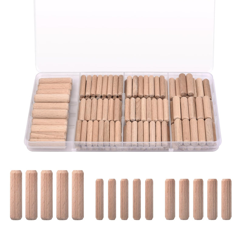 [Australia - AusPower] - 100 Pcs Wooden Dowel Pins - 1/4 inch, 5/16 inch,3/8 inch Fluted Wood Dowels Rods,Hardwood Crafts Dowel Pegs 100 Pack Assorted Sizes 