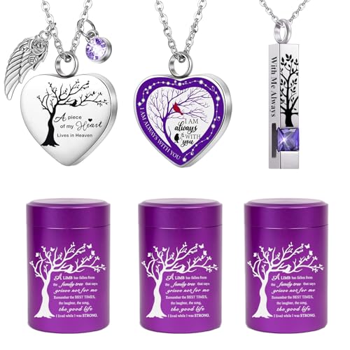 RIPFEVURN Small Mini Urns for Human Ashes Keepsake Adult Female Male Tree of Life Cremation Jewelry Urn Necklaces for Ashes for Women Men Set of 6(Purple) Set of 6-Purple