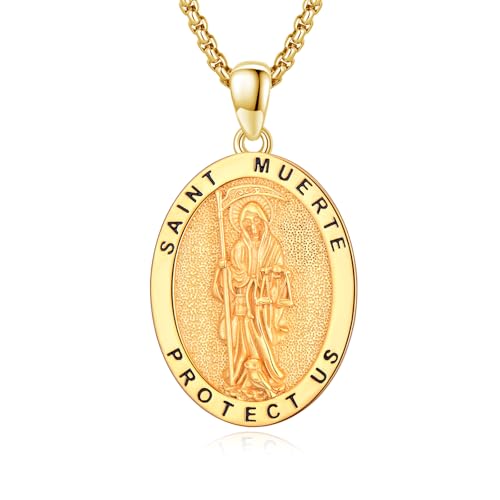 OHAYOO Santa Muerte Necklace for Men 925 Sterling Silver Grim Reaper Necklaces Santa Muerte Pendant Jewelry Gift for Women Gold Santa Muerte