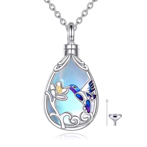 YFN Hummingbird Cremation Urn Necklace for Ashes, 925 Sterling Silver Hummingbird Urn Moonstone Jewelry for Women Men