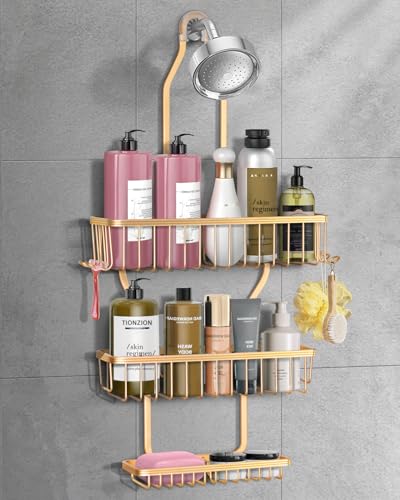 Shower Caddy Hanging - Never Rust Shower Hanging Organizer - Aluminum Over the ShowerHead Caddy with Soap Basket and 6 Razor/Sponge Hooks (Gold) Gold