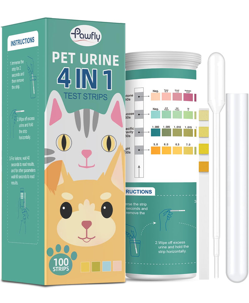 [Australia - AusPower] - Pawfly Urine Test Strips, 100 Strips, Pet Urine Testing Strips for Ketone, Glucose, Specific Gravity & pH, Urinalysis Test Strips for Vets 4 in 1 