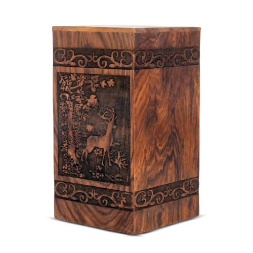 Wooden Cremation Urns Box for Human Ashes, Memorial Keepsake Boxes for Adults, Male/Female,Child, Pets Dog Cat Wood Burial Funeral Container (Deer, Medium 115 cu in) Deer