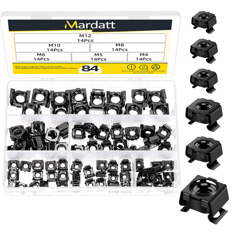 [Australia - AusPower] - 84Pcs Snap-in Cage Nuts Assortment Kit, M4 M5 M6 M8 M10 M12 Carbon Steel Zinc Plated Metric Cage Nuts Clip-On Nuts, Rack Nuts, Rack Mount Clip Nuts for Shelve Cabinet, Black 84 