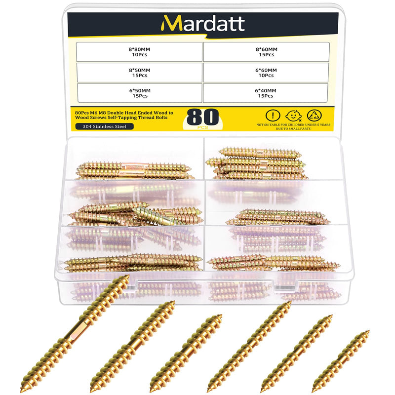 [Australia - AusPower] - 80Pcs M6 M8 Double Ended Self Tapping Screws, Double Ended Screws Dowel Screw Woodworking Furniture Connector Double Ended Screw, M6x40, M6x50, M6x60, M8x50, M8x60, M8x80 M6, M8 Gold 