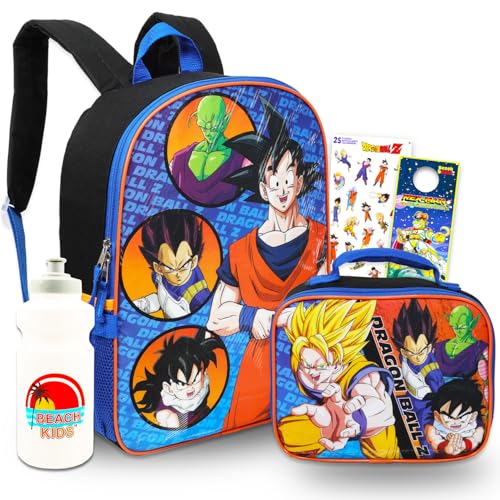 TOEI Animation Dragon Ball Z Backpack with Lunch Box - Bundle with 16" Backpack, Lunch Bag, Water Bottle, Stickers, More | Dragon Ball School Backpack Kids