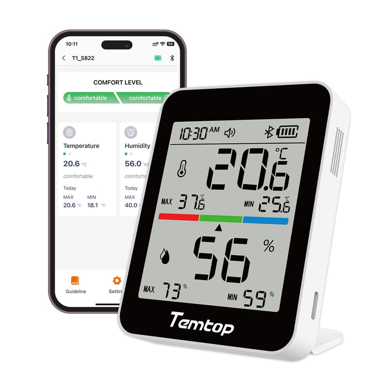 Temtop Humidity Meter T1, Indoor Thermometer for Room Temperature, Bluetooth Hygrometer with Notification Alerts, Data Export, Digital Gauge for Home, Office, Greenhouse, Garage, Baby Nursery, Gift Basic Edition 1