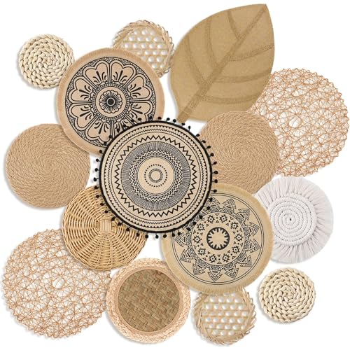 15 Pcs Boho Wall Basket Decor Woven Rattan Seagrass Wall Decor Hanging Rustic Farmhouse Round Handmade Wicker Decoration, Western Art for Living Room Kitchen Bedroom Home Nursery