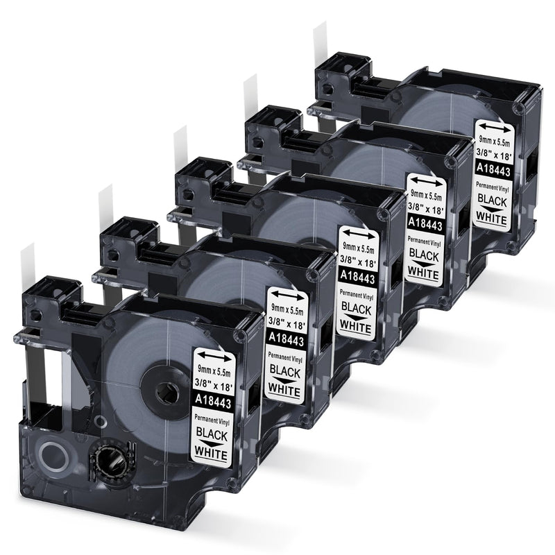 [Australia - AusPower] - 18443 Label Tape Compatible with Dymo Rhino 5200 4200 5000 6000 Label Maker Refills 3/8, Replace for Dymo Rhino Permanent Vinyl Industrial Label Tapes Black on White A18443, 3/8" x 18', 5-Pack 3/8'' 