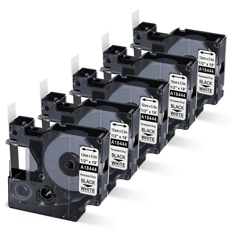 [Australia - AusPower] - 18444 Rhino 4200 Label Tape 1/2 Compatible with Dymo Rhino Permanen Vinyl Tape 12mm A18444 Work for Dymo 5200 4200 5000 6000 Rhinopro Industrial Label Maker Refills, 1/2" x 18', 5-Pack Black on White 1/2'' 