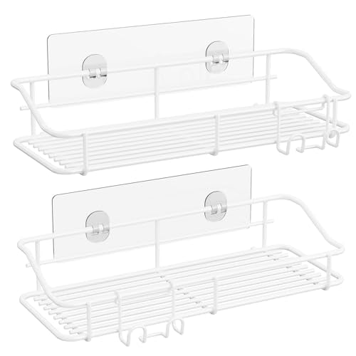 White Nieifi shower caddies with adhesive for shampoo and soap storage, shown mounted on bathroom wall in a 2-pack.