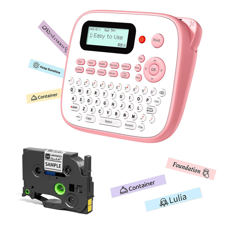 Pink Label Maker Machine with-Tape Waterproof, Portable Kids Label Maker, Keyboard Labeler Handheld, D210S Easy Labeler Machine with Multiple Fonts Frame Barcode for Home Office School Supplies Pink Label Maker label maker with 1 tape