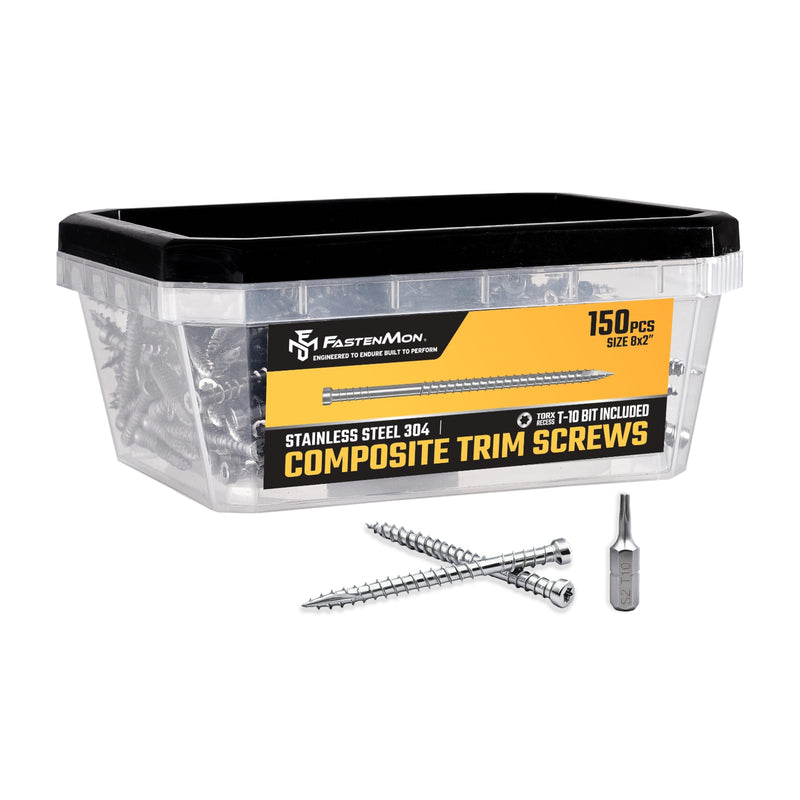 Composite Trim Screws, #8 x 2, Stainless Steel 304, 150pcs, Hidden Fastener for PVC & Wood, Outdoor Deck, Exterior & Finish Fasteners, Rust-Resistant, T-10 Star Drive, 0.9lbs #8 x 2" 150