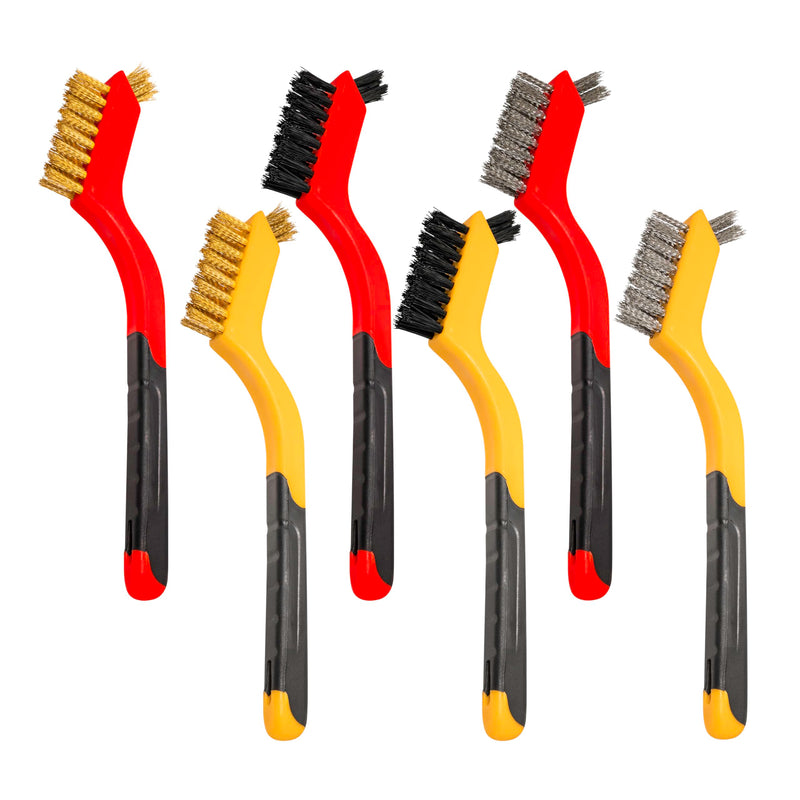 [Australia - AusPower] - 6Pcs Small Wire Brushes for Cleaning Rust, Brass/Nylon/Stainless Steel Brushes with Curved Handle for Cleaning Metal, Paint Removal, Weld Slag & Dirt Cleaning 