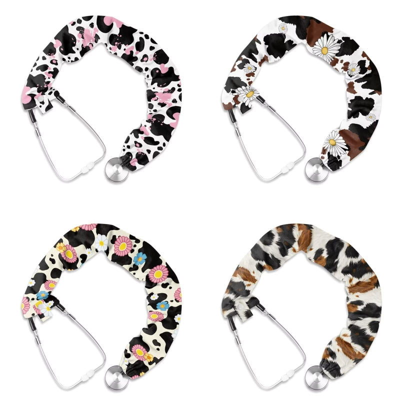 [Australia - AusPower] - LedBack Cow Print Stretchy Stethoscope Covers Four Piece Universal Fit Stethoscope Decorative Sleeve Replaceable Stethoscope Accessories Sleeve for Doctors Nurses 