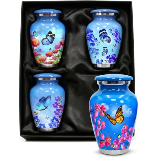 Small Urns for Human Ashes – Set of 4 Mini Keepsake Urns for Ashes, with Velvet Bag & Gift Box, Memorial Sharing Urns (Sky Blue, Set of 4) Sky Blue