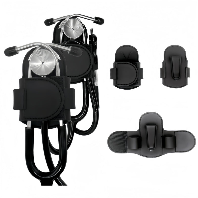 [Australia - AusPower] - 2 Pieces Stethoscope Holder Clip，Premium Leather Stethoscope Holder Hip Clip，Lightweight Portable Stethoscope Holster with Medical Flashlight Clip for Nurses Physicians (Black&Black) Black&Black 