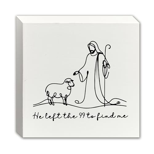 Christian He Left the 99 to Find Me Wooden Box Sign, Christian Gifts for Women, Faith Based Gifts, Bible Verse Scripture Wood Block Sign for Home Office Desk Shelf Table Decor, 5x5 Inch white -5
