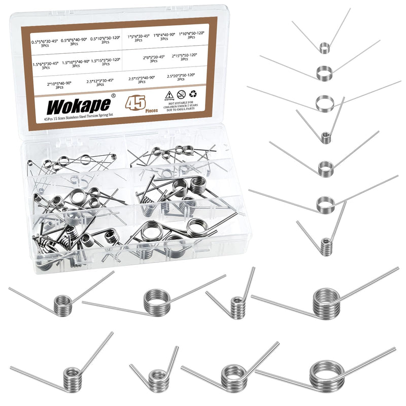[Australia - AusPower] - 45pcs 15 Sizes Stainless Steel Tiny Torsion Spring Set, 0.5/1 /1.5/2 /2.5mm Wire Diameter 45°& 90°& 120°Torsion Spring for Woodworking Maintenance and DIY 