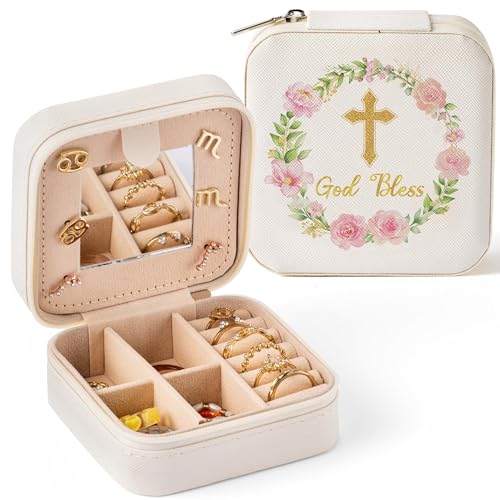 God Bless Jewelry Box for Women Girls - Cross Floral Portable Travel Jewelry Case Pink Gold Small Jewel Organizer Box, Baptism Wedding Easter Mother's Day Birthday Gifts for Friend Bride