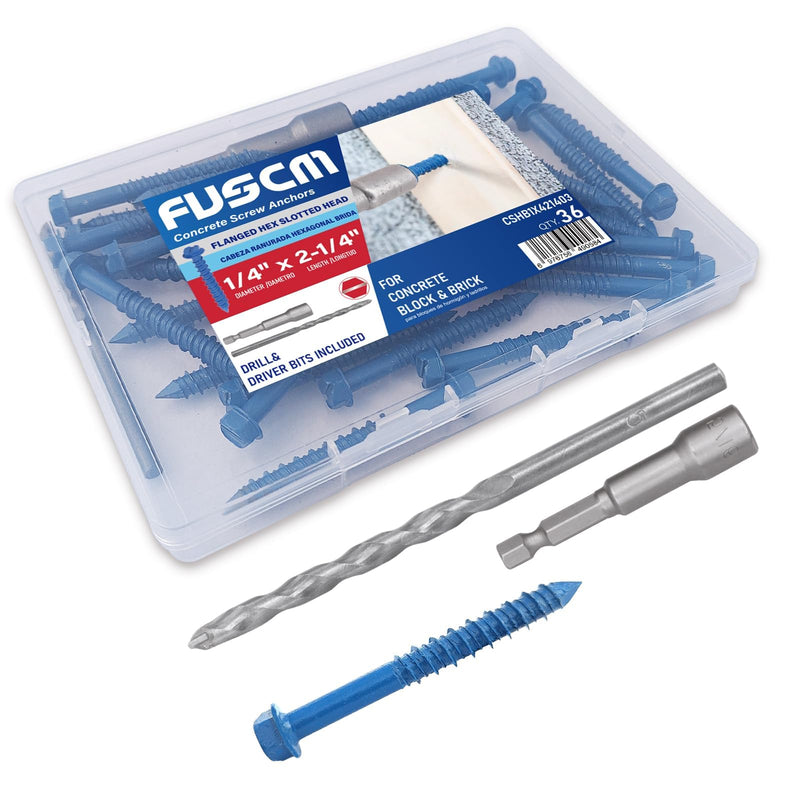 [Australia - AusPower] - 1/4" x 1-3/4" Concrete Screw Anchor,Flanged Slotted Hex Head, Drill & Driver Bits Included, for Concrete, Block & Brick(36pcs/Box) 1/4" 1 3/4 Inches 36 