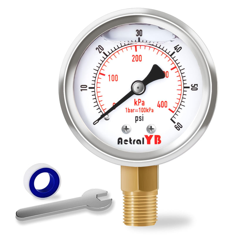 [Australia - AusPower] - 0-60 Psi Glycerin-Filled Pressure Gauge, 2-Inch Gauge, Stainless Steel, 1/4" NPT Lower Mount,400kPa Pressure Gauge for Pool Pump, Sand Filter, Air Compressor, and Well Water Systems 0-60PSI 