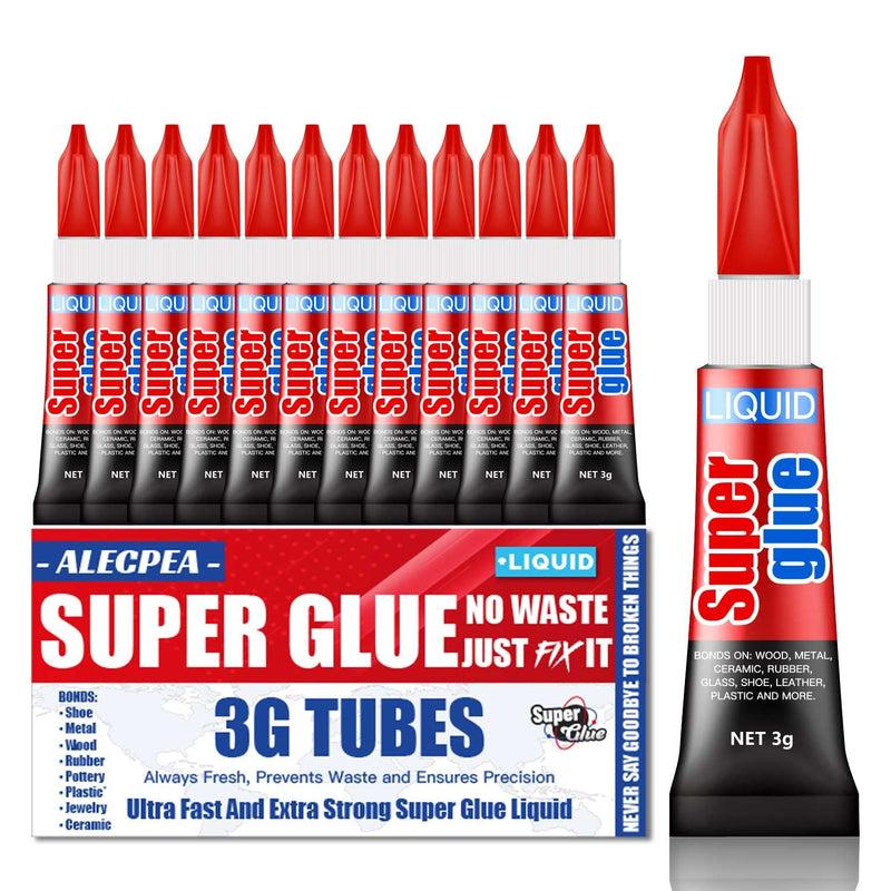 [Australia - AusPower] - 3 Gram (Pack of 12) Single Use Super Glue Liquid, Super Fast, Thin & Strong Adhesive Superglue, Cyanoacrylate Glue for Hard Plastics, DIY Craft, Ceramics, Leather, Metal Etc Pack of 12 