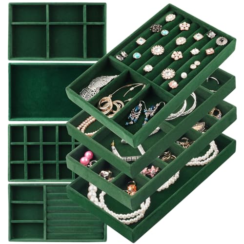 Jewelry Drawer Organizer, 8 Set of Stackable Velvet Organizer Tray, Drawer Inserts for Jewelry Organization, Showcase and Safely Store Your Collection with Elegance and Sophistication (Green) Green