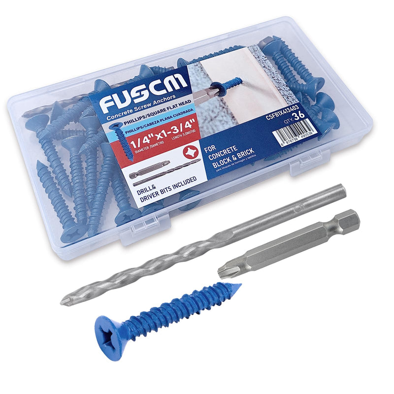 [Australia - AusPower] - 1/4" x 1-1/4" Concrete Screw Anchor,Phillips/Square Flat Head, Drill & Driver Bits Included, for Concrete, Block & Brick(36pcs/Box) 1/4" 1 1/4 Inches 36 