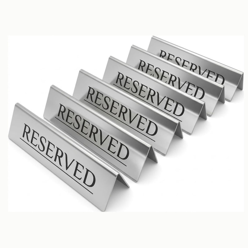 Reserved Table Signs Set of 6 | Raised Black Letters, Brushed Stainless Steel, Reusable Double-Sided | Reserved Seating Signs for Weddings, Restaurants, Church Pews, Events | 6×1.6 in Silver/Black Letters 6 Pieces
