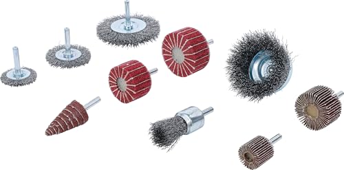 BGS 74499 Brush and Grinding Flap Wheel Set 10 Pieces | For bar grinders and drills, 6.3 mm (1/4 inch) holder, wire brushes, flap wheels, flap discs