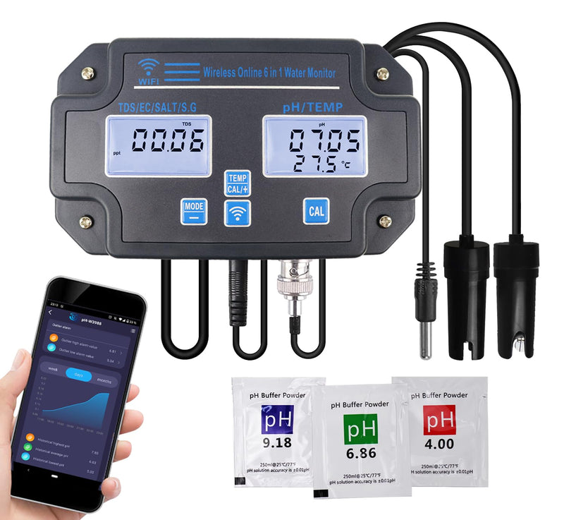 [Australia - AusPower] - Smart Water Quality Tester 6-in-1 pH/EC/TDS/Salinity/S.G and Temperature Meter with Wi-Fi Continuous Monitor Wall-Mounted pH Water Meter with ATC and Easy Calibration for Aquariums, Hydroponics 