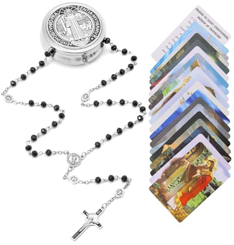 SZQCZB Rosary Beads Catholic for Men and Women, St.Benedict Center Piece and Crucifix, Black Cystal Rosary Beads with Saint Benedict Miraculous Gift Box and 18pcs Prayer Cards