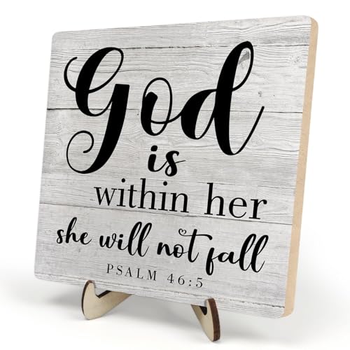Christian Inspirational Wooden Sign,Bible Verse Psalm 46:5 Wood Plaque Sign, God is Within Her, She Will Not Fail, Christian Decor Bible Verses Sign for Home Office Desk Decor, 5.9x5.9Inches (Grey) Grey