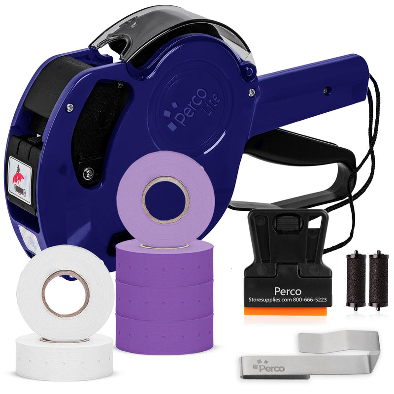 Perco Lite 1 Line Price Gun Kit for Retail Business – Includes 2 White Rolls, 4 Purple Rolls, Gun Clip & Ink Rollers – Pre-Loaded Pricing Gun w Labels & Ink