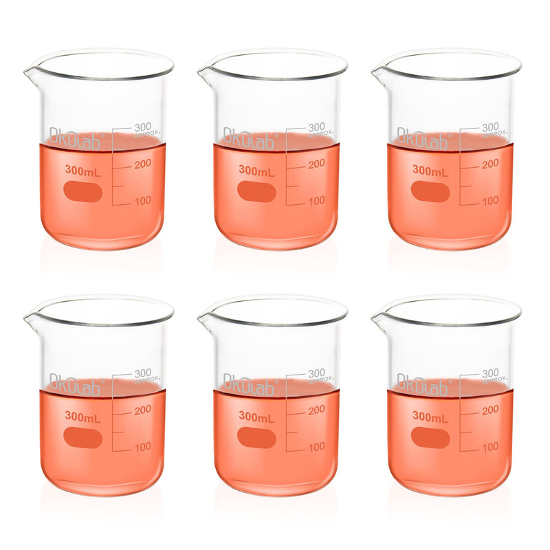 6 Pcs 300mL Glass Beaker Set, Low Form Beakers, Graduated Glass Beakers for Lab, Classroom, Craft, Kitchen,BKLG300A6-X 6 Pcs of 300ml