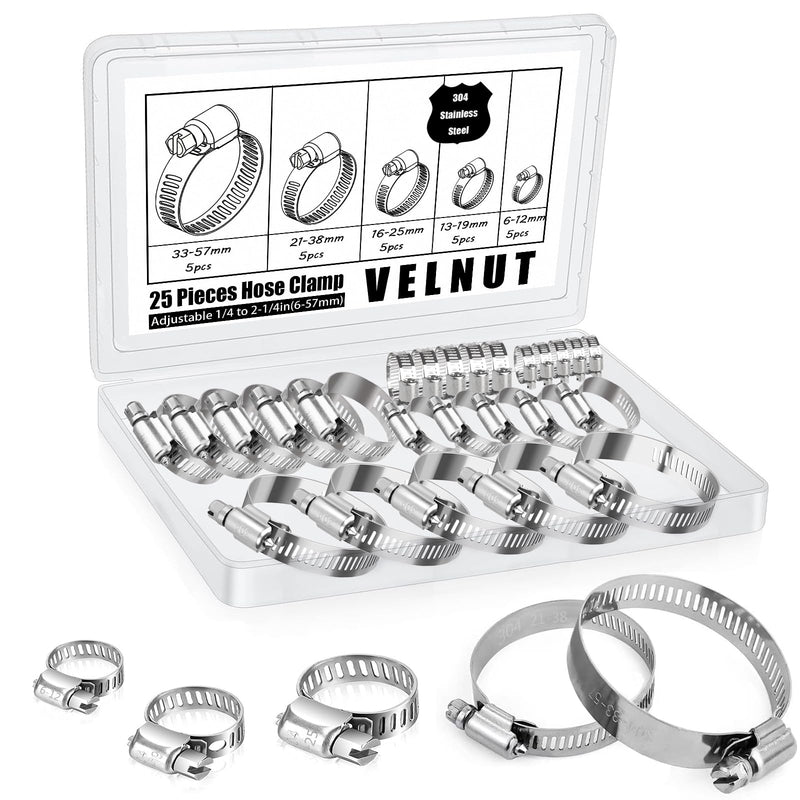 [Australia - AusPower] - Stainless Steel Hose Clamps Assortment Kit, 25 Pieces Worm Gear Hose Clamp Adjustable 1/4 to 2-1/4in(6-57mm), Fuel Line Clamp for Plumbing, Automotive And Mechanical Applications 