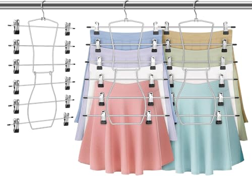 Pants Hangers,Space Saving 3 Pack Metal 6 Tier with Clips Holds 18 Skirts/Pants/Jeans/Shorts, w/360°Rotating Hook, Skirt Hangers Space Saving Closet Organizers and Storage (3)