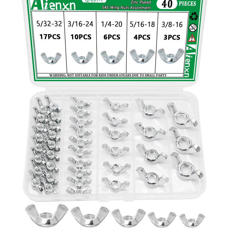 [Australia - AusPower] - 40PCS SAE Wing Nuts Assortment Kit, 5 Sizes- 5/32", 3/16", 1/4", 5/16", 3/8", Zinc Plated Wingnuts Fasteners, Parts Butterfly Wing Nut 5/32" -3/8" (40PCS) 